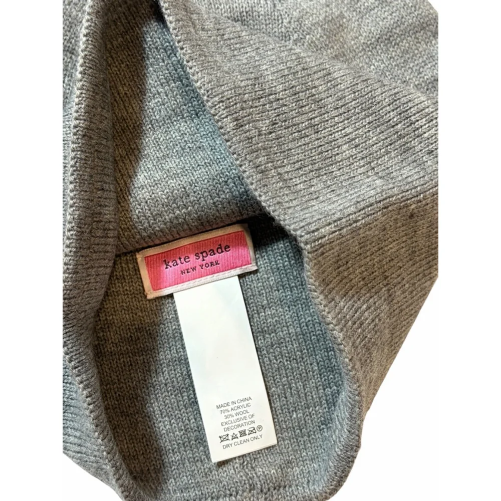 Kate Spade Gray Wool Blend Beanie Hat Black Spade Logo Minimalist Winter
